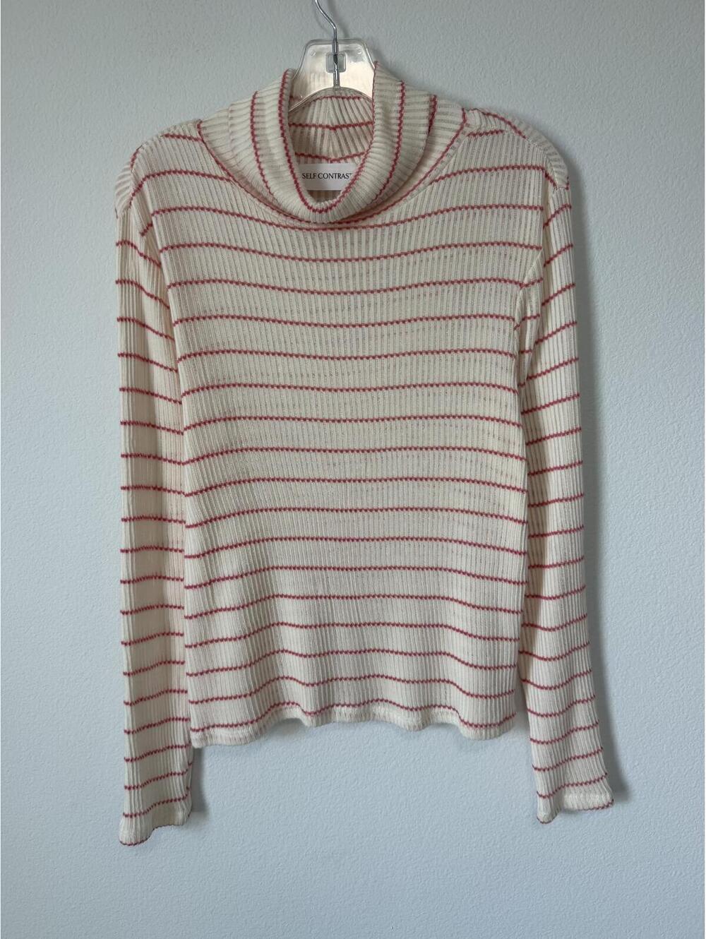 Self Contrast Striped Long Sleeve Cowl Neck Sheer Ribbed Sweater Women's Size M